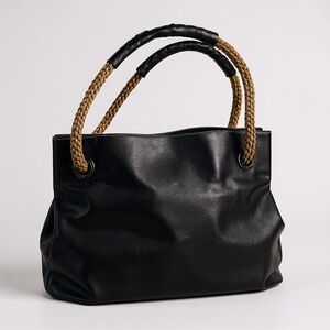 Plinio Visona Black Leather Tote Bag, Braided Rope Handles, Medium